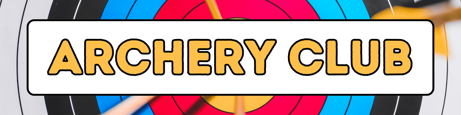 The background contains an archery target in bright colors. The words in the foreground read "archery club" in gold font.