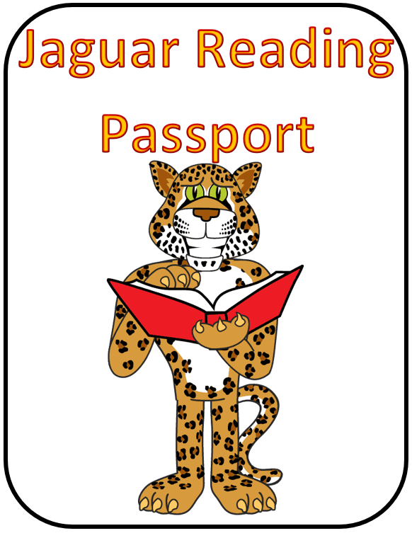 Cartoon jaguar holding an open red book with the title “Jaguar Reading Passport” above.